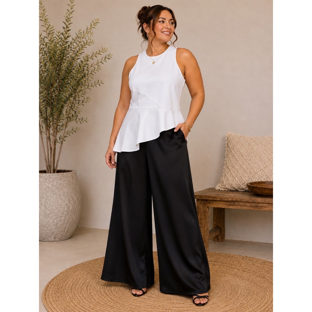 Paper London Womens White Black Peplum Wide Leg Jumpsuit Size 8 High Neck Formal